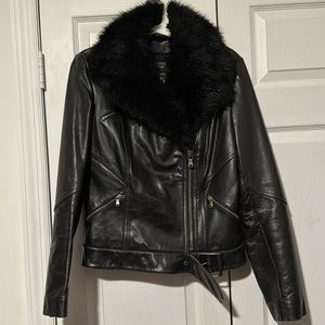 Express black genuine leather motorcycle jacket faux fur collar M